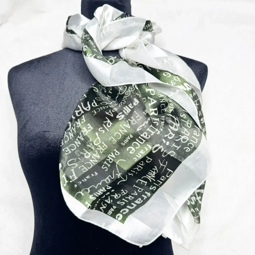 Paris France Black Green Ivory Silky Neck Scarf Neckerchief Striped Satin